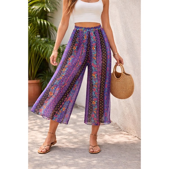 Pants - Vintage 100% Silk Sheer Wide Leg Cropped Palazzo Pants Sz 14 Boho Resortwear